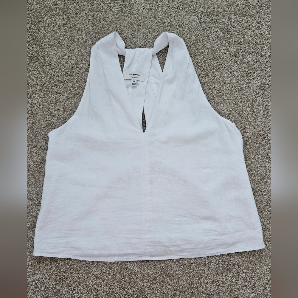 Banana Republic Linen Blend V-Neck White Sleeveless Top, Medium